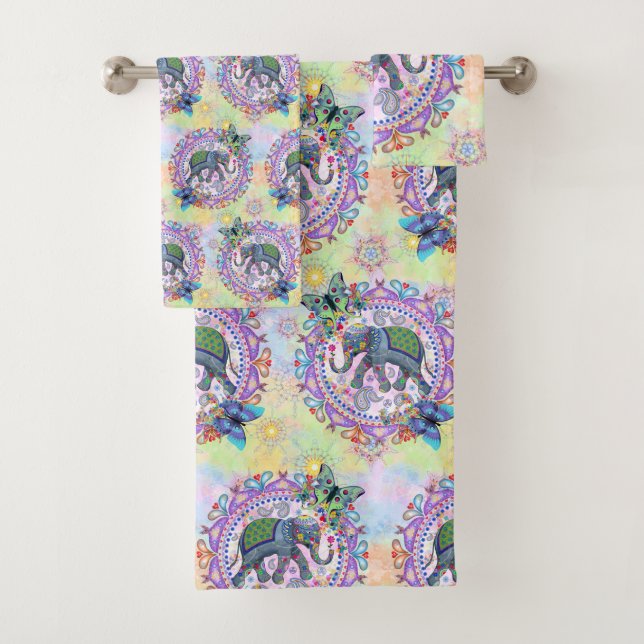 Sacred Elephant Pattern Bath Towel Set (Insitu)