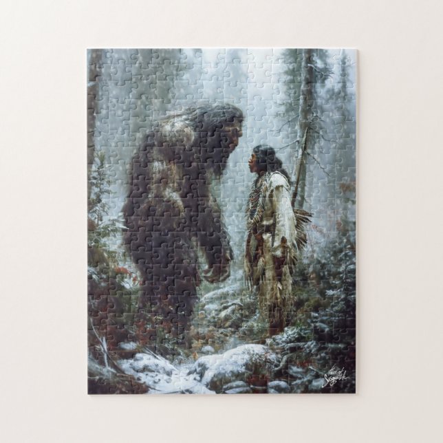 Sacred Encounter: Native Warrior & Bigfoot Puzzle (Vertical)