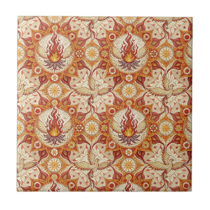 Sacred Flame Lotus Mandala - Fire Phoenix Pattern Ceramic Tile
