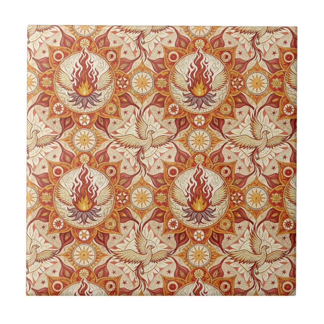 Sacred Flame Lotus Mandala - Fire Phoenix Pattern Ceramic Tile (Front)