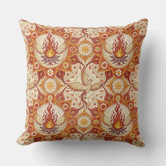 Sacred Flame Lotus Mandala - Fire Phoenix Pattern Throw Pillow (Front)