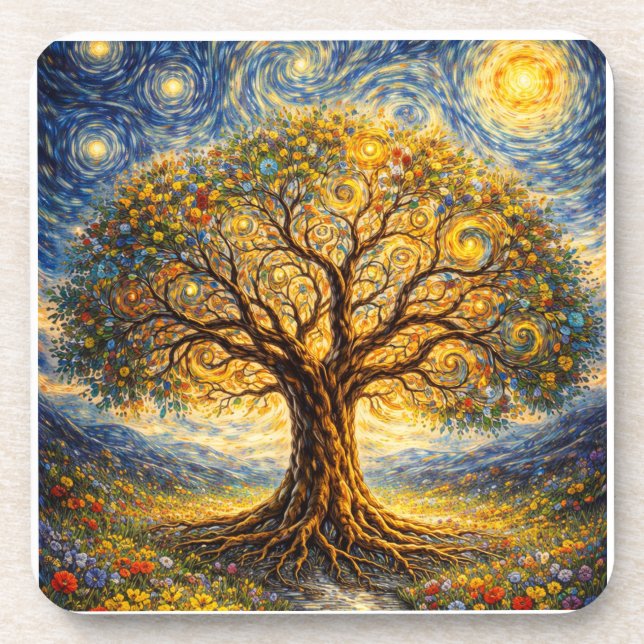 Sacred geometry art  tree beverage coaster (Front)