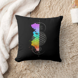 Sacred Geometry – Black with Chakra Colors Throw Pillow
