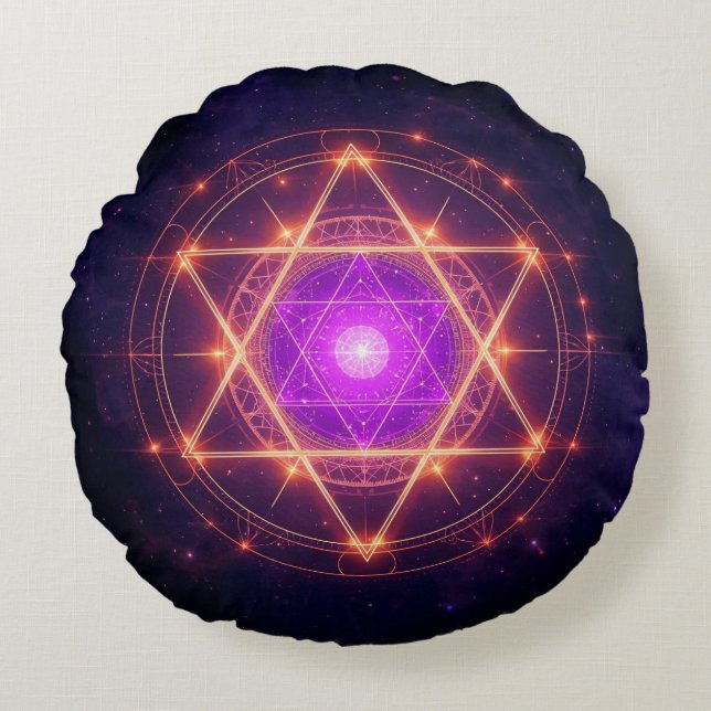 Sacred Geometry Mandala – Light Within the Cosmos Round Pillow (Front)