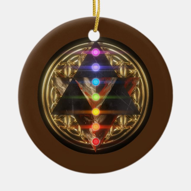 Sacred Geometry Merkaba with Flower of Life Gold  Ceramic Ornament (Front)
