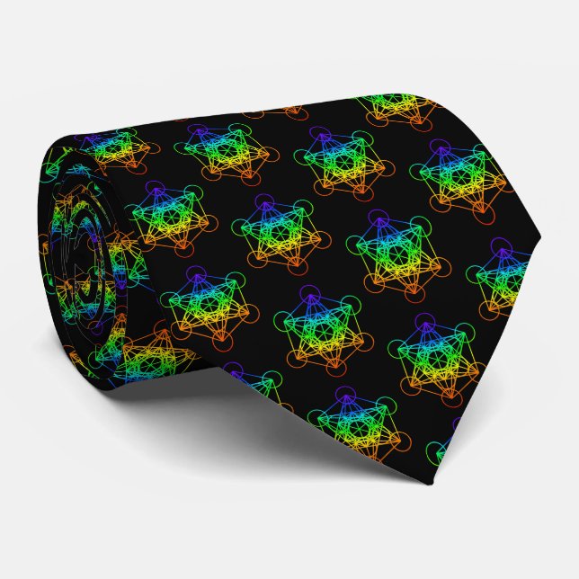 Sacred Geometry Metatron's Cube in raibow colors Neck Tie (Rolled)