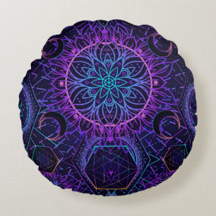 Sacred Geometry seamless pattern. Hindu symbols of Round Pillow