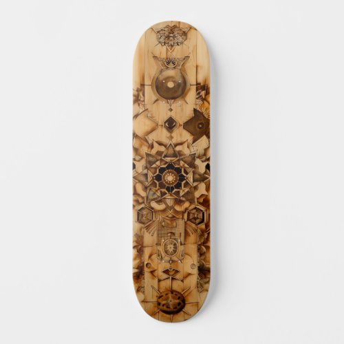 Sacred geometry skateboard pryrography on wood skateboard