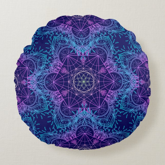 Sacred Geometry Symbols in Mandala seamless patter Round Pillow (Front)