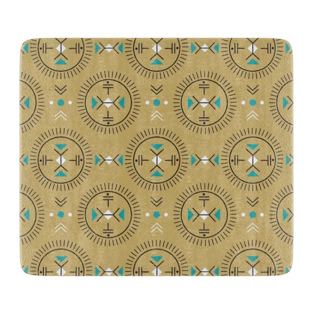 Sacred geometry tribal pattern gold turquoise  cutting board (Front)