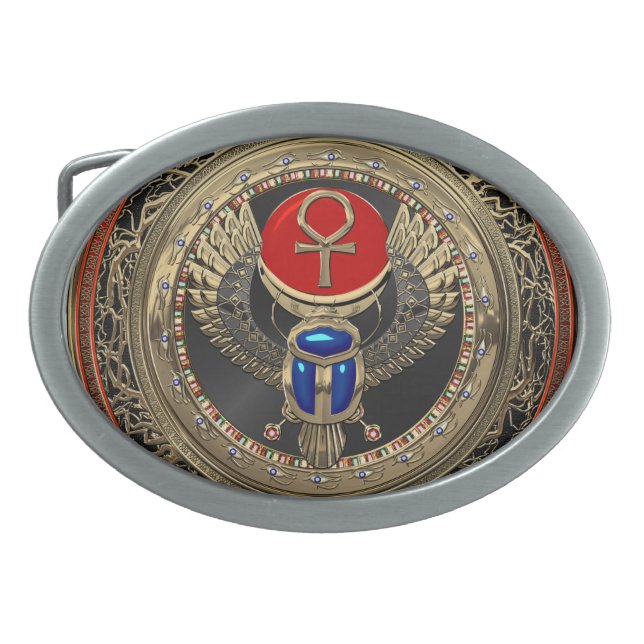 Sacred Golden Egyptian Winged Scarab & Ankh Belt Buckle (Front)