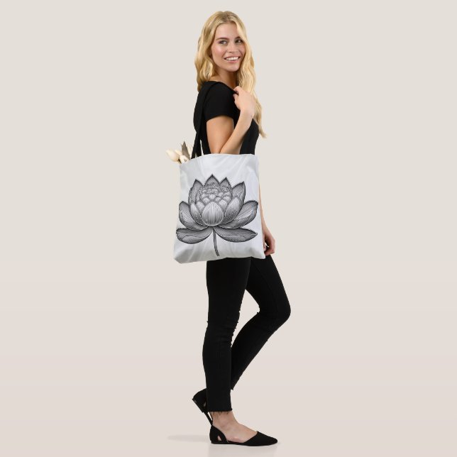 Sacred hand drawn lotus flower, water lily flower tote bag (On Model)