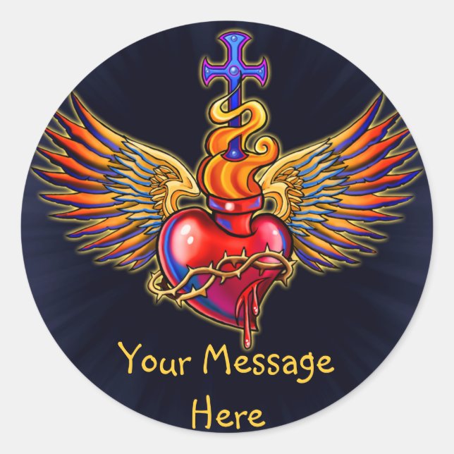 Sacred Heart Angel Wings Design Classic Round Sticker (Front)