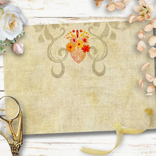 Sacred Heart Baroque Vintage Mexican Wedding Envelope (Sacred heart floral motif framed by Baroque swirls on warm antique parchment tones.)