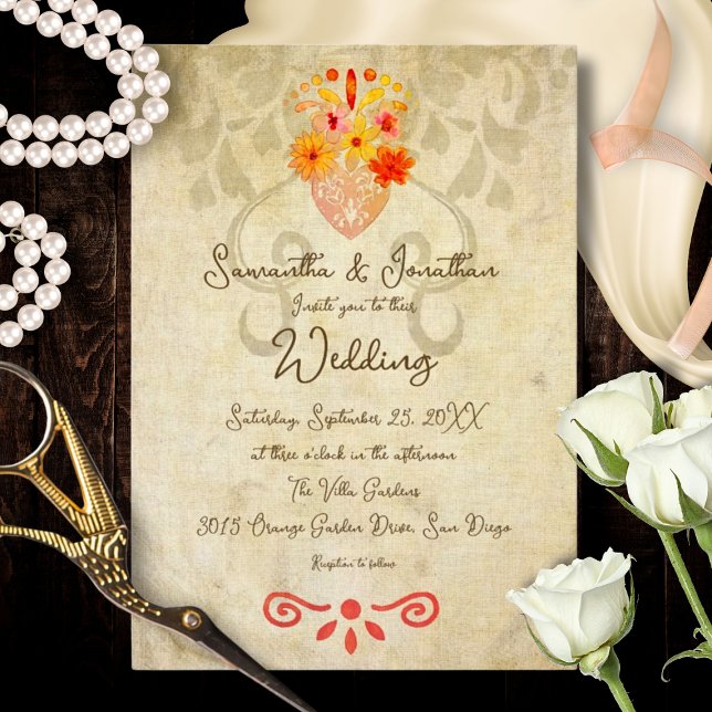 Sacred Heart Baroque Vintage Mexican Wedding Invitation (Rustic Baroque Mexican design with a sacred heart and floral motif in warm terracotta tones.)
