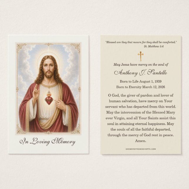 Sacred Heart Catholic Memorial Prayer Holy Card (Front & Back)