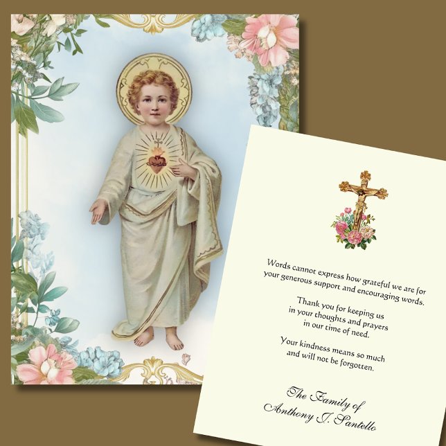 Sacred Heart & Crucifix Floral Funeral  Thank You Card (Creator Uploaded)