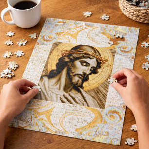 Sacred Heart Jesus Art in Gold Vintage Religious Jigsaw Puzzle