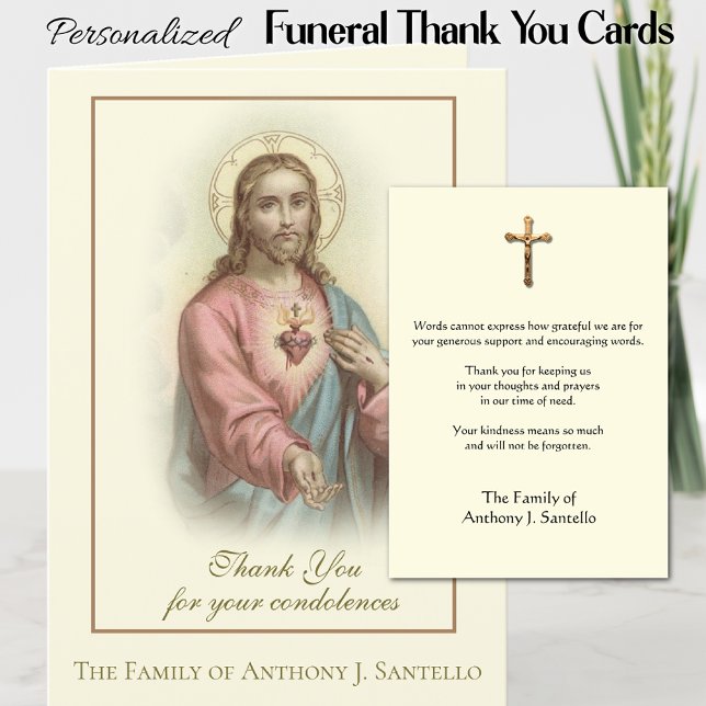 Sacred Heart Jesus Catholic Condolence Thank You Card (Personalized Catholic Sacred Heart of Jesus Funeral Memorial Thank You Cards)