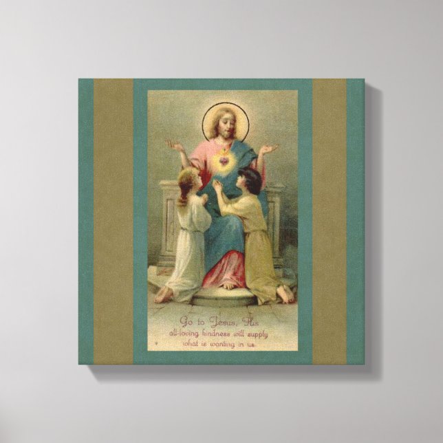 Sacred Heart Jesus children kneeling at His Feet Canvas Print (Front)