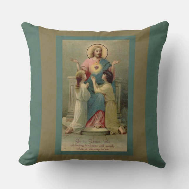 Sacred Heart Jesus children kneeling at His Feet Throw Pillow (Front)
