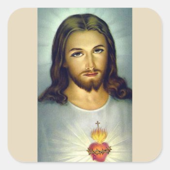 Sacred Heart Jesus Christ Sticker Biege Background by Frasure_Studios at Zazzle