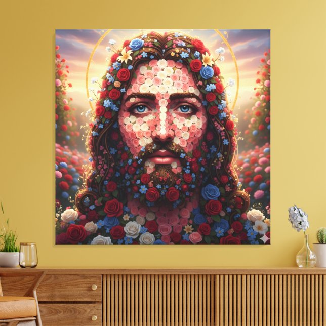 Sacred Heart Jesus Floral Rose Portrait - Premium  Canvas Print (Insitu(LivingRoom))
