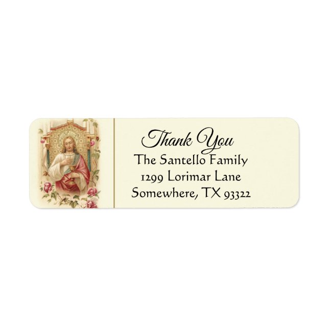 Sacred Heart Jesus Roses Flowers Thank You Label (Front)