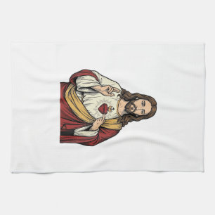 Sacred Heart Jesus Vintage Engraving Vector Art_1 Kitchen Towel