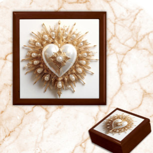 Sacred Heart Keepsake Box - 3D Pearl Heart Rays