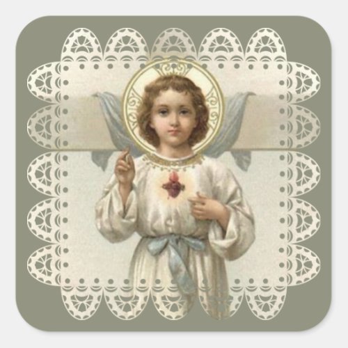 Sacred Heart of Child Jesus with Cross Square Sticker