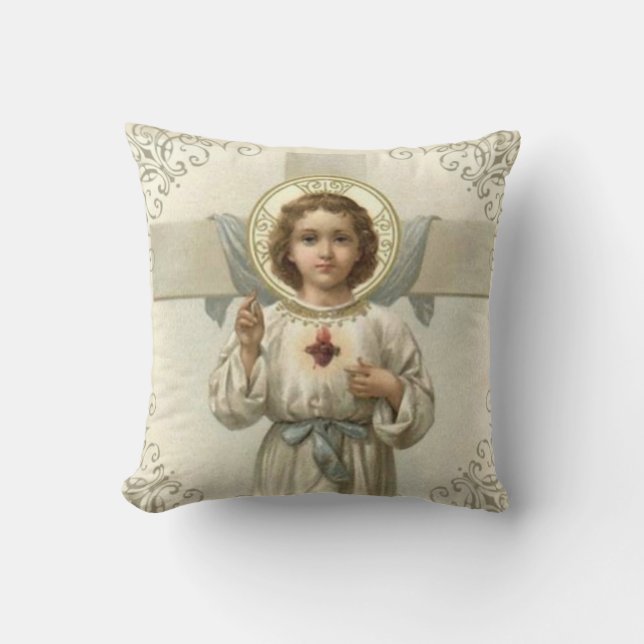 Sacred Heart of Child Jesus with Cross Throw Pillow (Front)