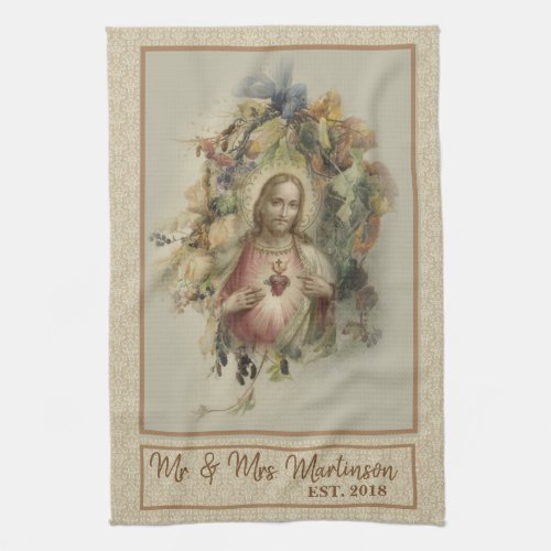 Sacred Heart of Jesus  Autumn Floral Wedding Kitchen Towel