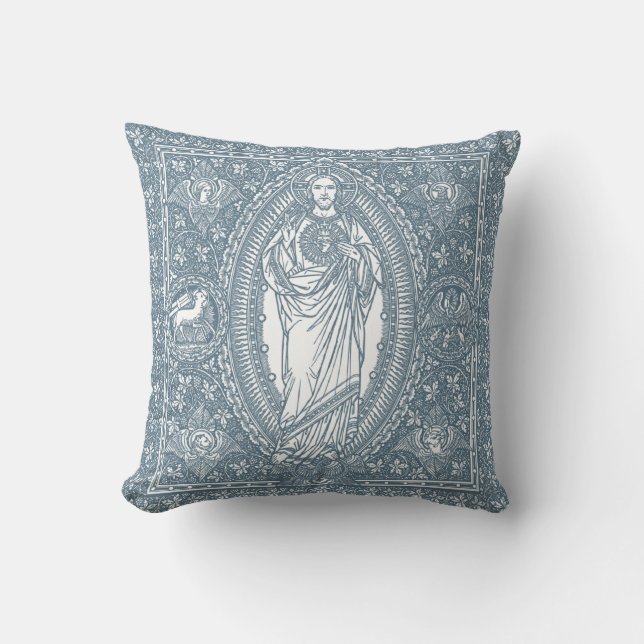 Sacred Heart of Jesus Blue White Elegant Throw Pillow (Front)