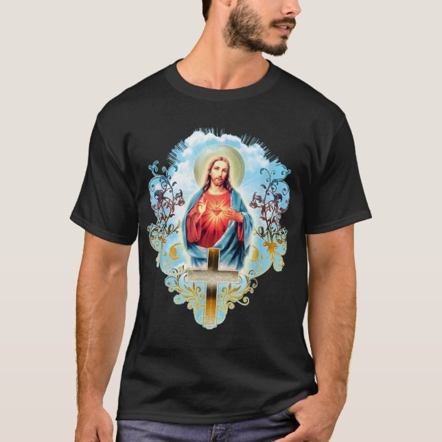 Sacred Heart of Jesus Christ Vintage Cross Catholi T-Shirt (Front)