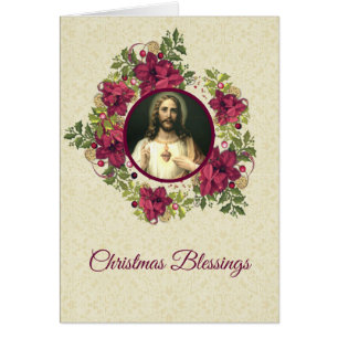 Sacred Heart of Jesus Christmas Floral Wreath Cards