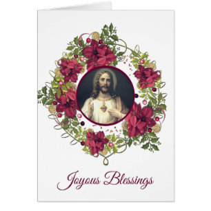 Sacred Heart of Jesus Christmas Floral Wreath Cards