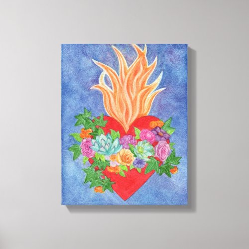 Sacred Heart of Jesus Colorful Floral Original Canvas Print