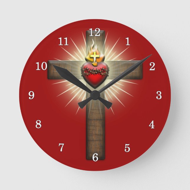Sacred Heart of Jesus Cross Round Clock (Front)