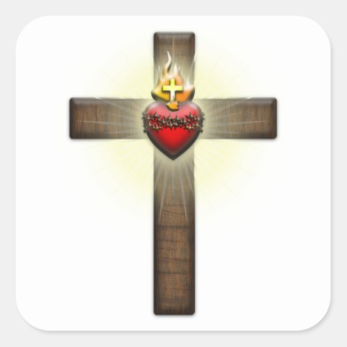 Sacred Heart of Jesus Cross Square Sticker