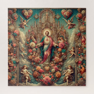 Sacred Heart of Jesus Floral Baroque Art Jigsaw Puzzle