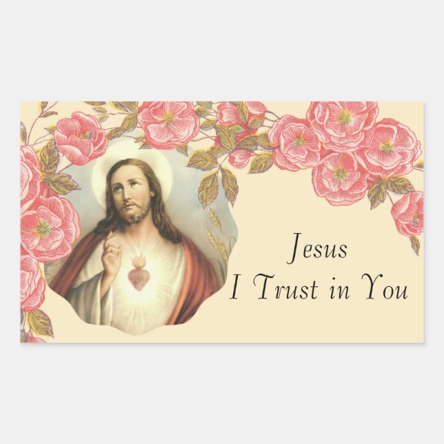 Sacred Heart of Jesus Floral Border Rectangular Sticker (Front)