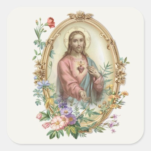 SACRED HEART OF JESUS FLORAL RELIGIOUS  SQUARE STICKER