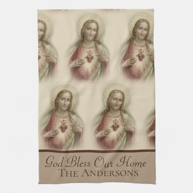 Sacred Heart of Jesus  God Bless our Home Kitchen Towel (Vertical)