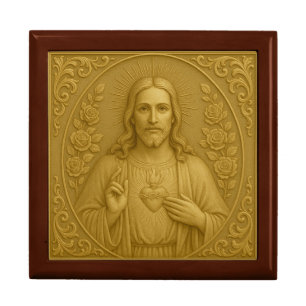 Sacred Heart of Jesus Gold Bas-Relief Rosary Gift Box