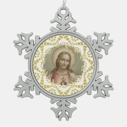 Sacred Heart of Jesus Gold Border Snowflake Pewter Christmas Ornament