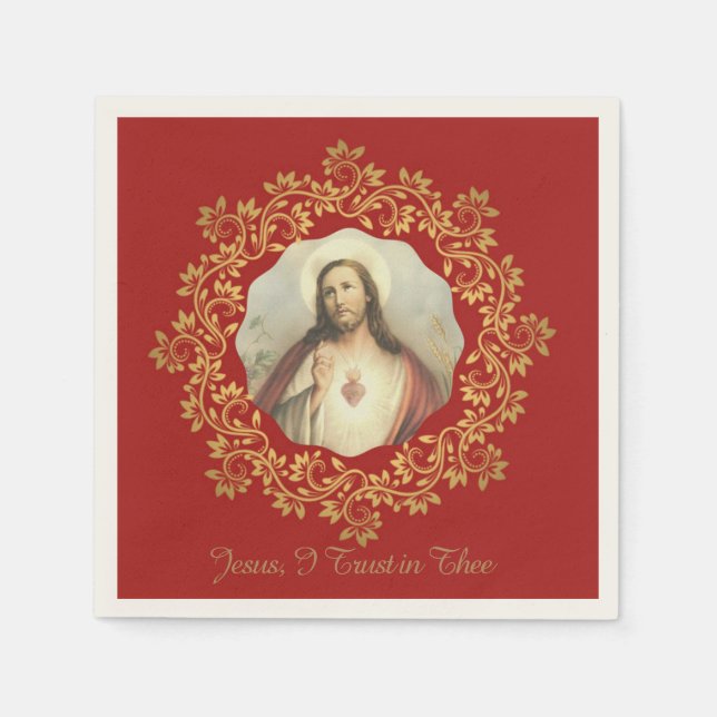 Sacred Heart of Jesus Gold Decorative Border Paper Napkins (Front)