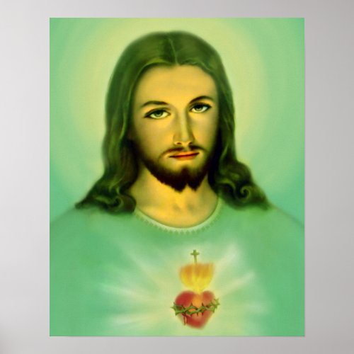 Sacred Heart of Jesus Green Tone Poster