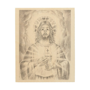 Sacred Heart of Jesus, Original Drawing Wood Wall Art