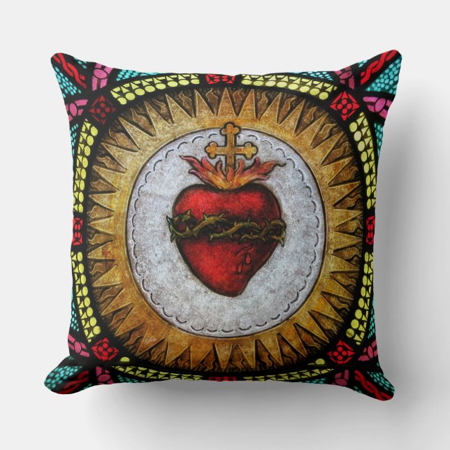 Sacred Heart of Jesus Stained Glass Throw Pillow (Front)